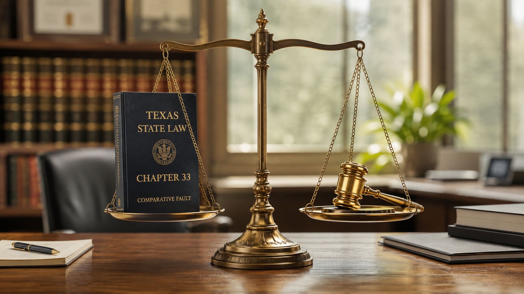 A law book on Texas State Law Chapter 33 Comparative Fault balanced against a golden gavel.