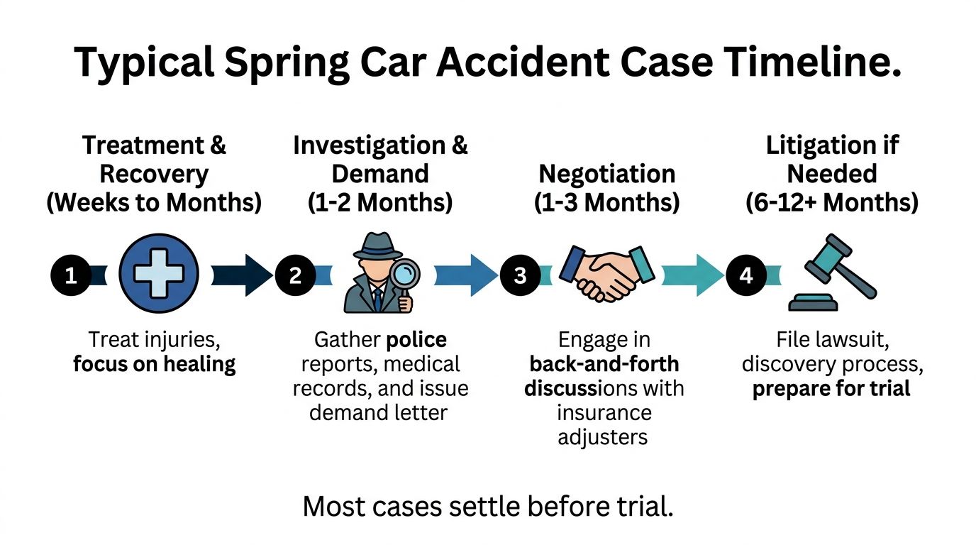 A flow chart illustrating the four main stages of a typical car accident legal case in Spring.