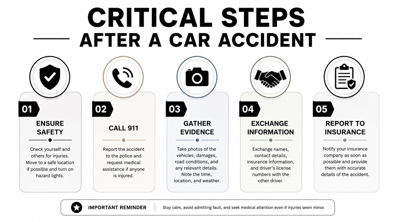 A five-step infographic guide detailing the essential actions to take immediately following a motor vehicle accident.