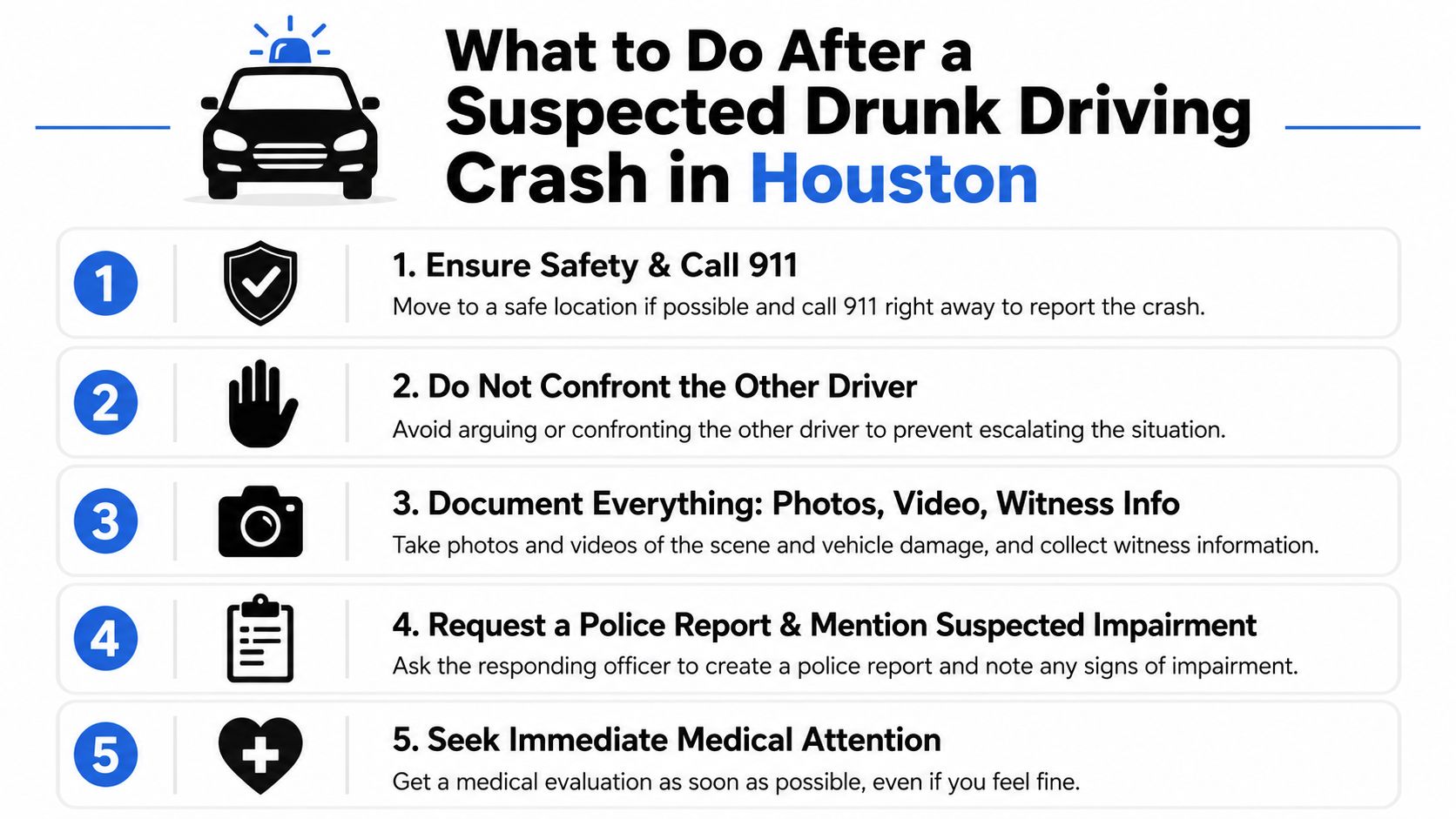 An infographic titled What to Do After a Suspected Drunk Driving Crash in Houston, featuring five numbered steps.