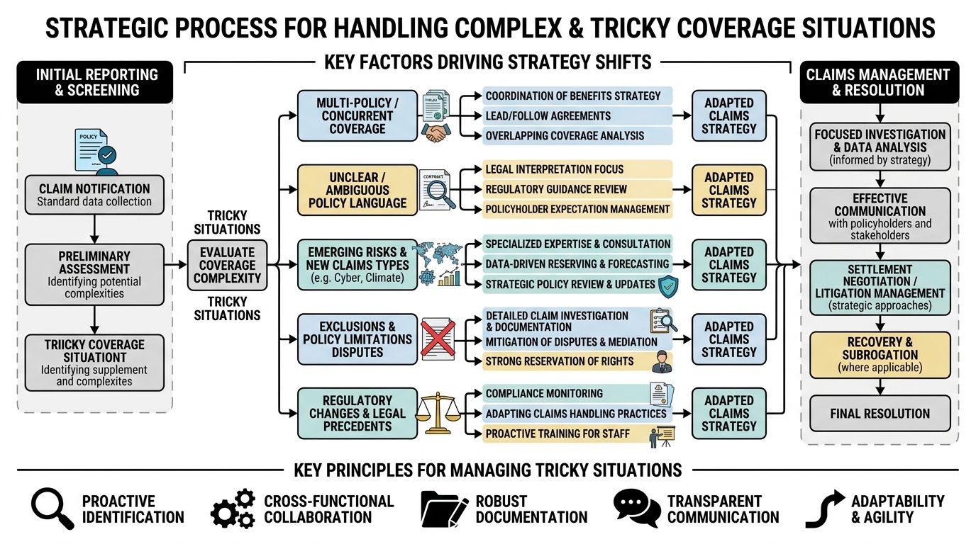 An infographic detailing a strategic process for handling complex and difficult insurance claim coverage situations effectively.
