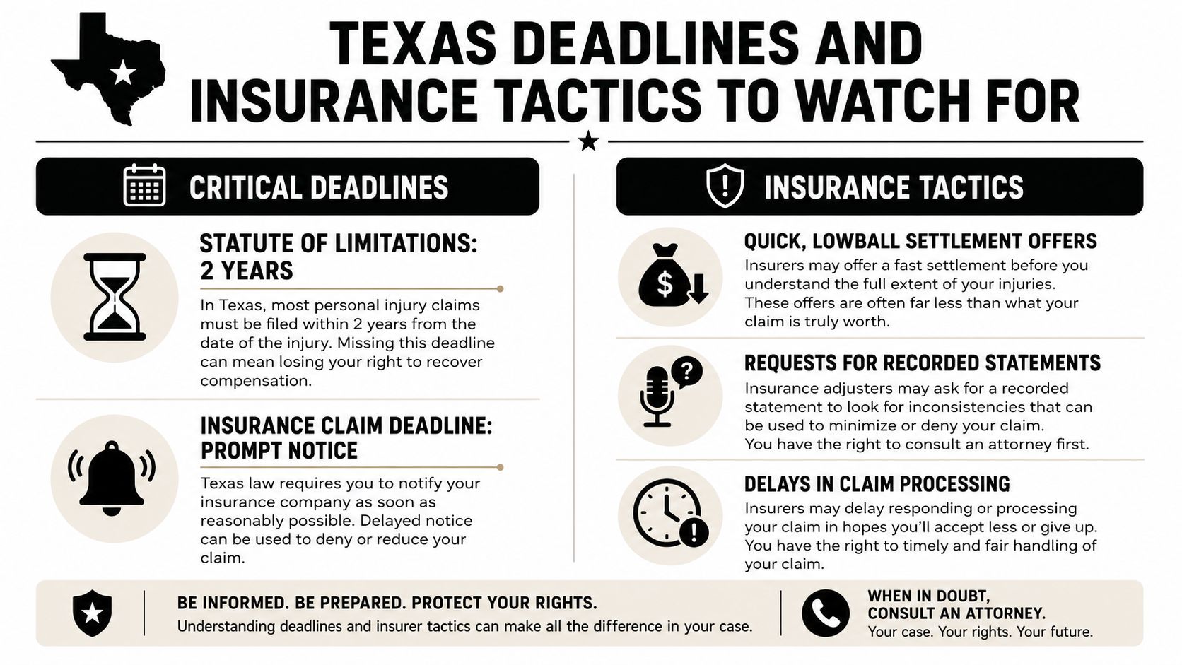 An infographic detailing Texas insurance claim deadlines and common insurance company tactics to watch out for.