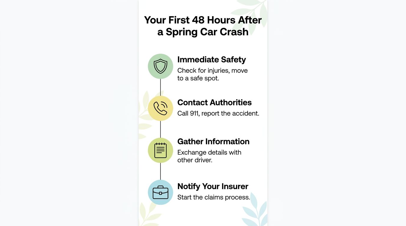 An infographic outlines four essential steps to take immediately following a car accident in Spring, Texas.