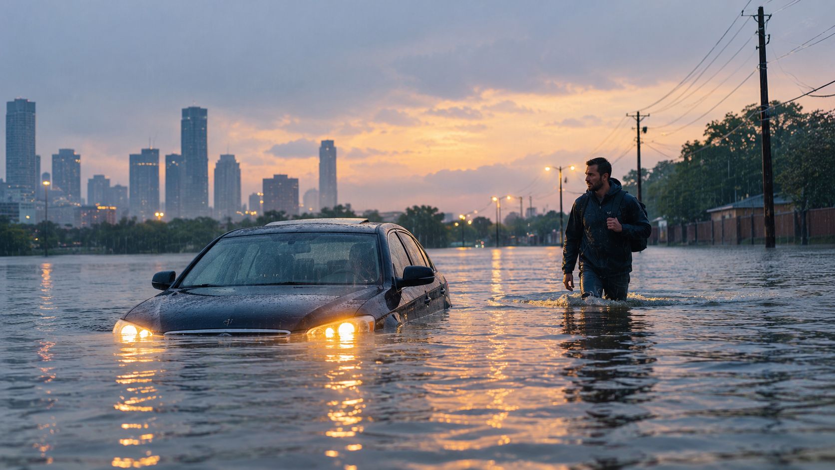 A man walking through a flooded city street next to a partially submerged car during sunset.
