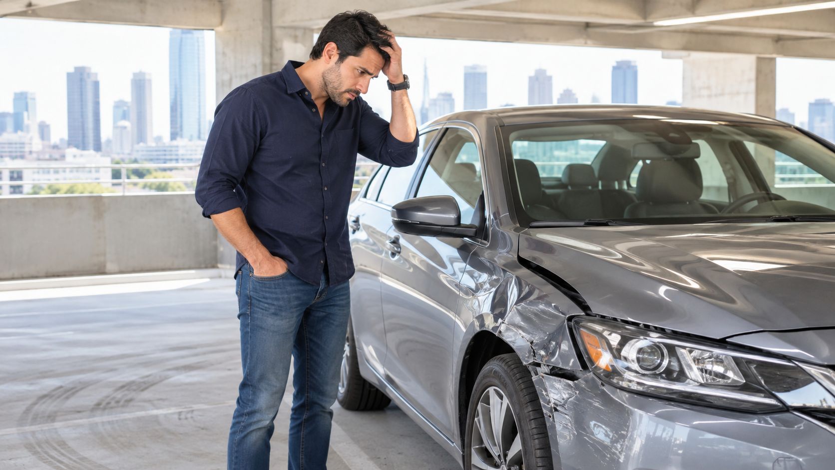 A distressed man looking at his silver car with significant front end damage in a parking garage.