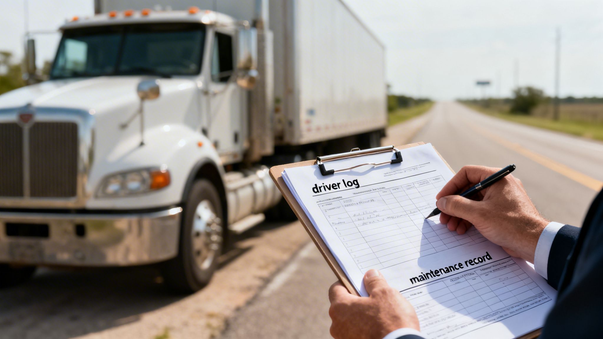 A person's hands are writing on a 'driver log' and 'maintenance record' clipboard with a semi-truck in the background.