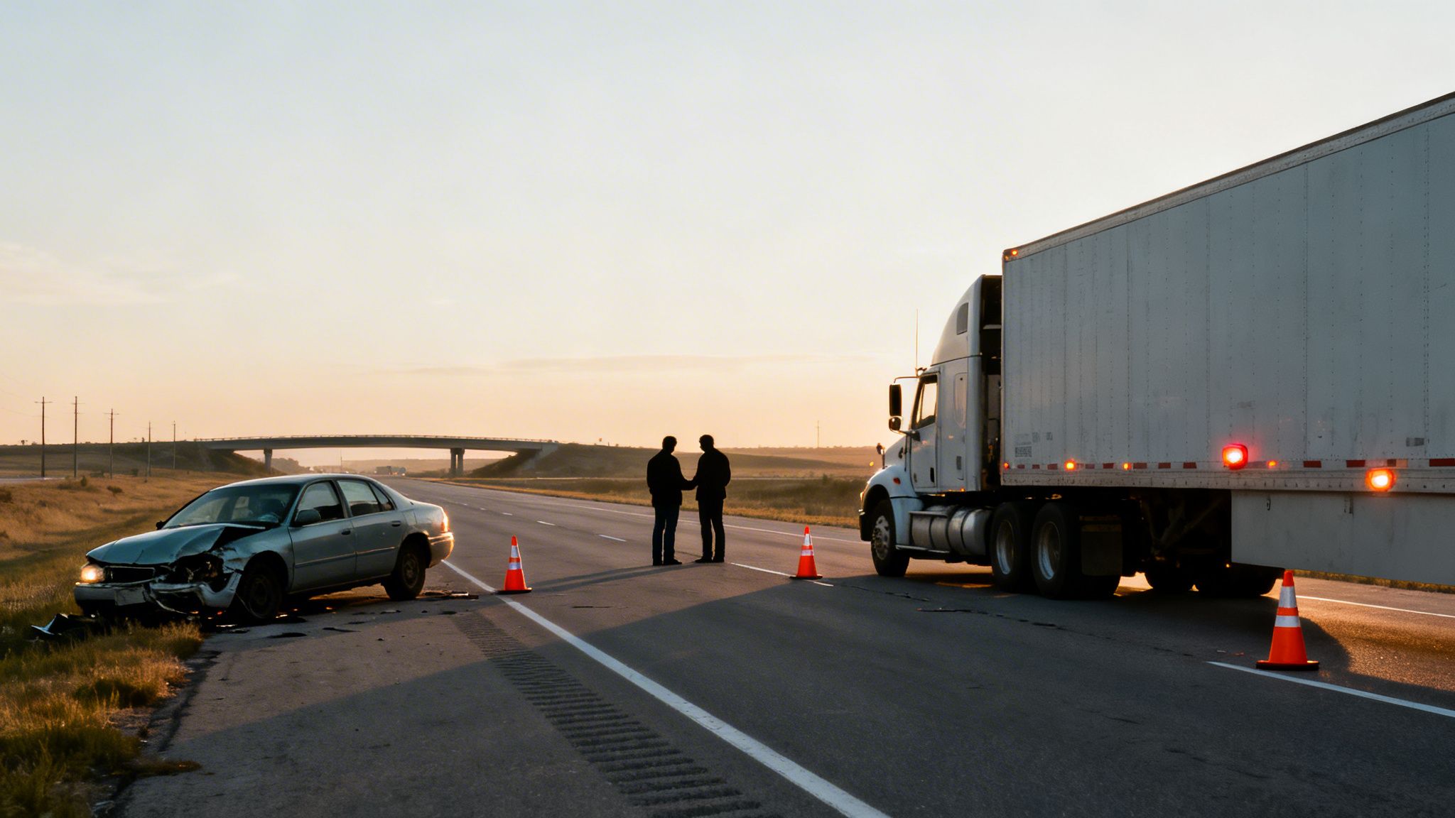 Sunset highway accident scene with a damaged silver car, a semi-truck, and two men discussing the crash.