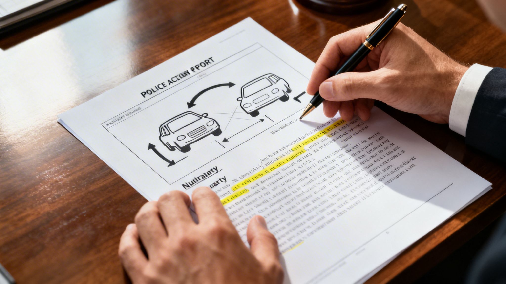 A professional analyzing and signing a police accident report document featuring a diagram of two vehicles.