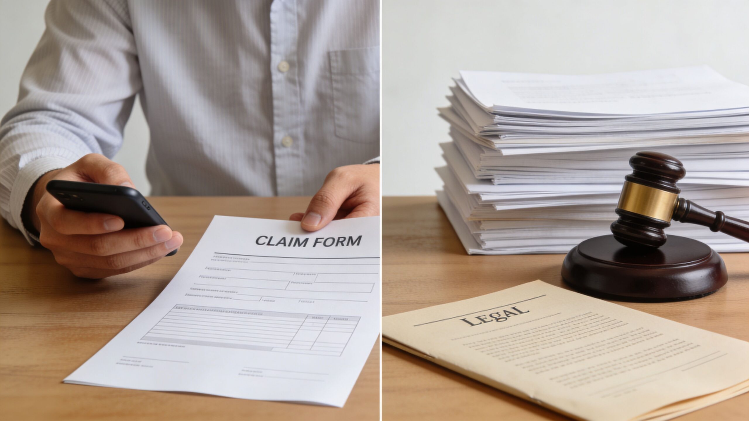 A person holds a claim form while a wooden gavel sits beside a stack of legal documents.