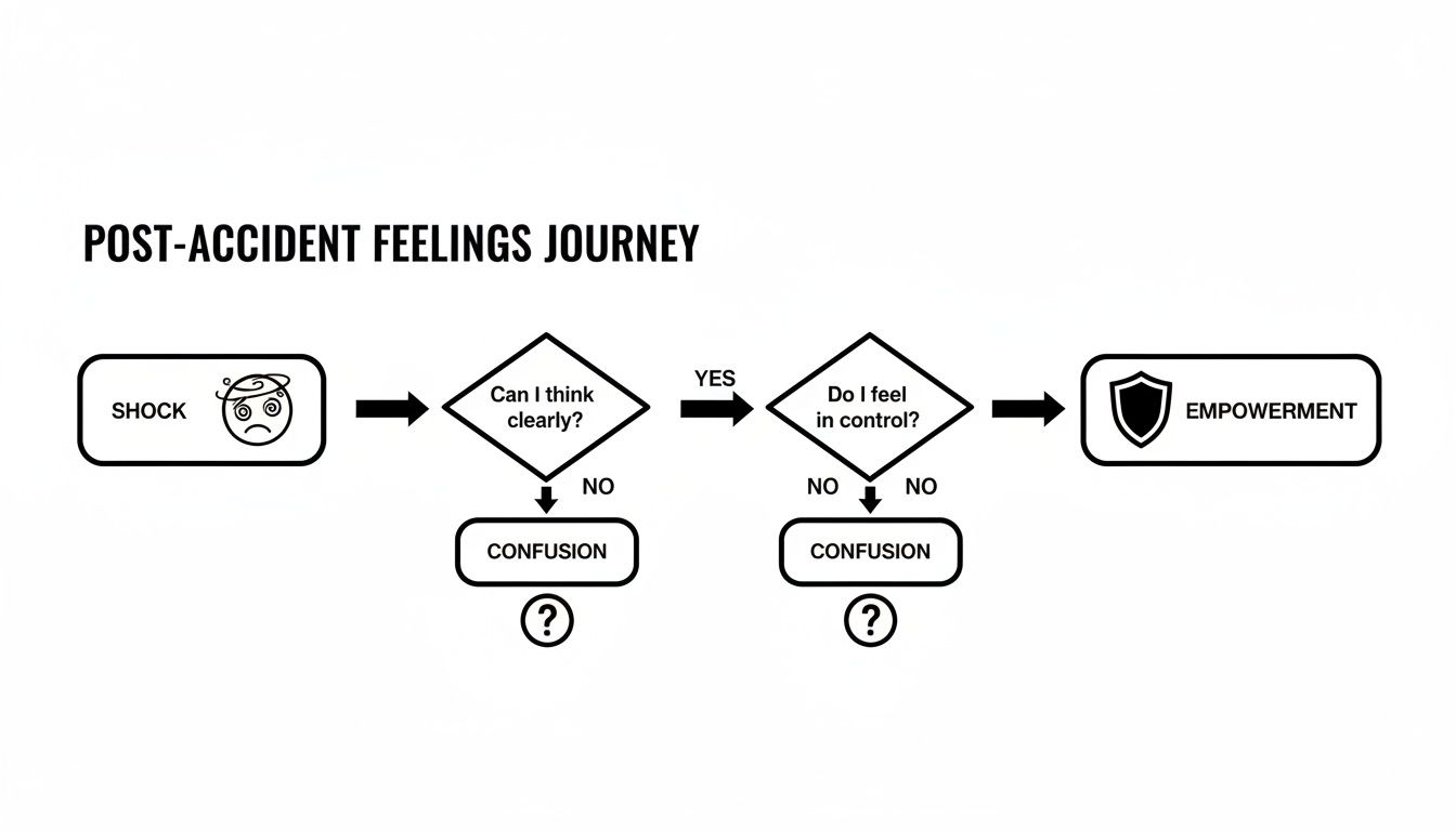Flowchart detailing the post-accident feelings journey, from shock through decisions to confusion or empowerment.