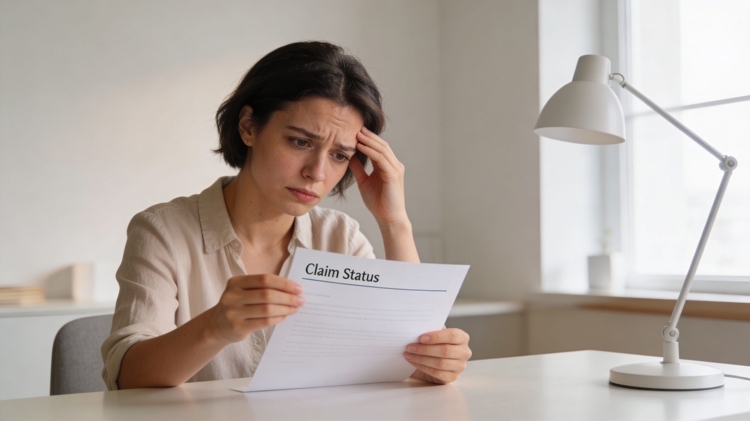 A concerned woman sits at a desk looking at a paper document labeled Claim Status.