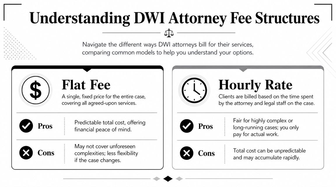 An infographic comparing flat fee and hourly rate billing models for hiring a DWI attorney.
