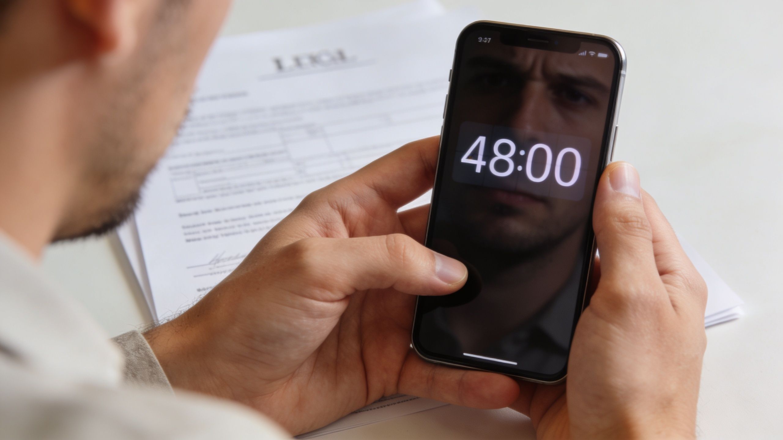 A person holding a smartphone showing a 48 hour timer while reviewing legal documents.