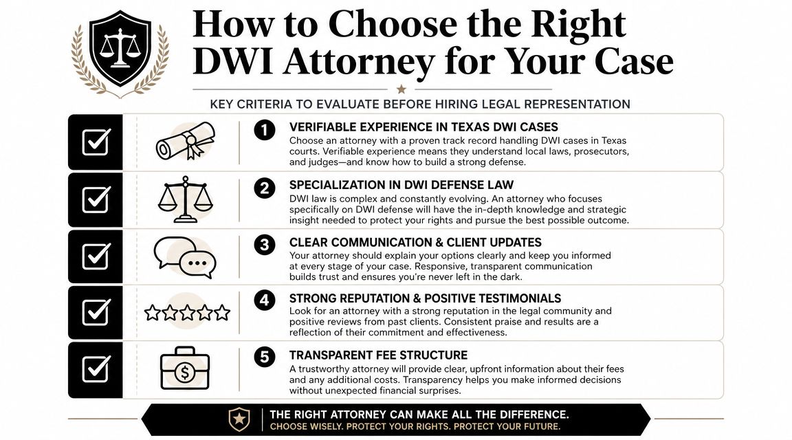 An infographic detailing five key criteria for choosing the right DWI attorney in Texas.