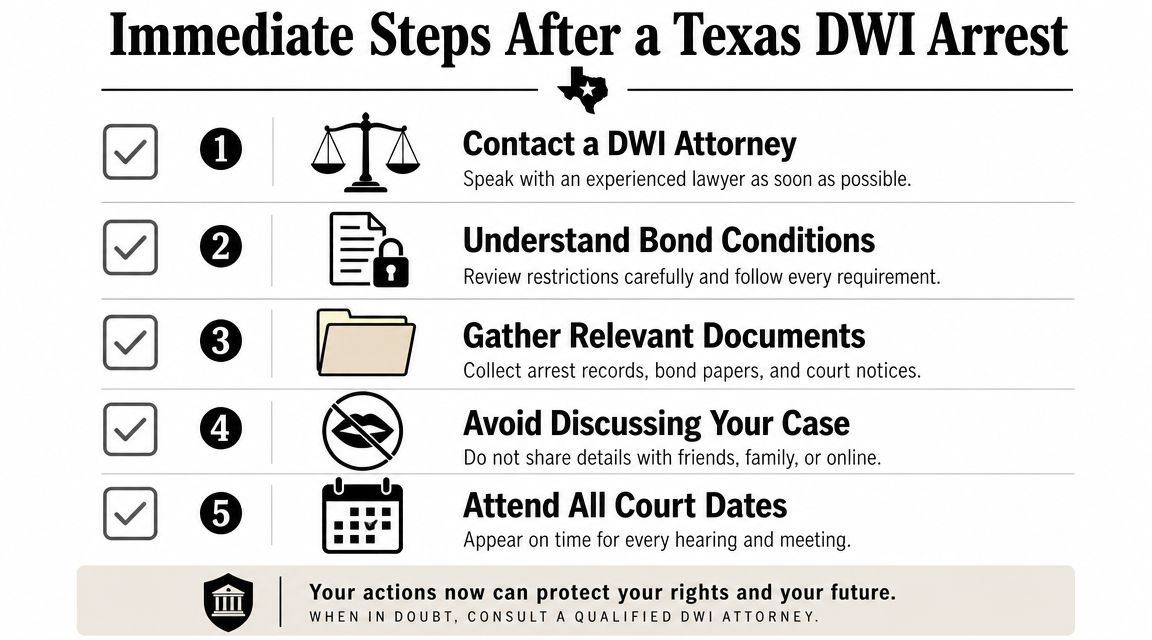 A checklist infographic outlining five essential steps to take immediately following a DWI arrest in Texas.