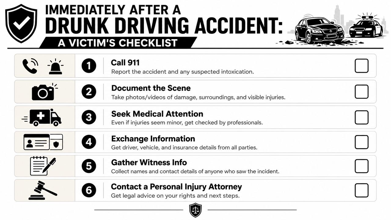 A victim's checklist infographic for steps to take immediately following a drunk driving accident.