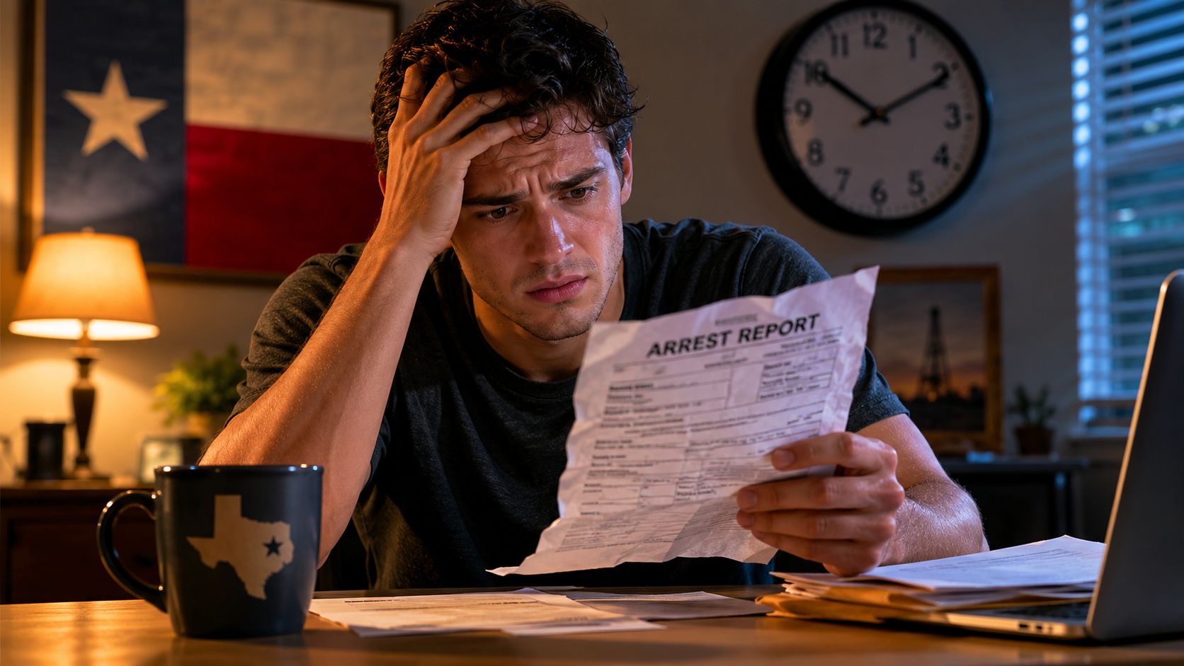 A distressed man sitting at a desk reading an arrest report in a room decorated with Texas-themed items.