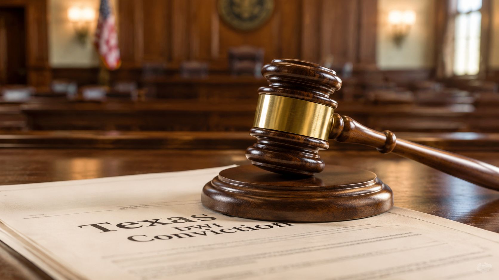A wooden gavel resting on a legal document titled Texas DWI Conviction inside a courtroom setting.