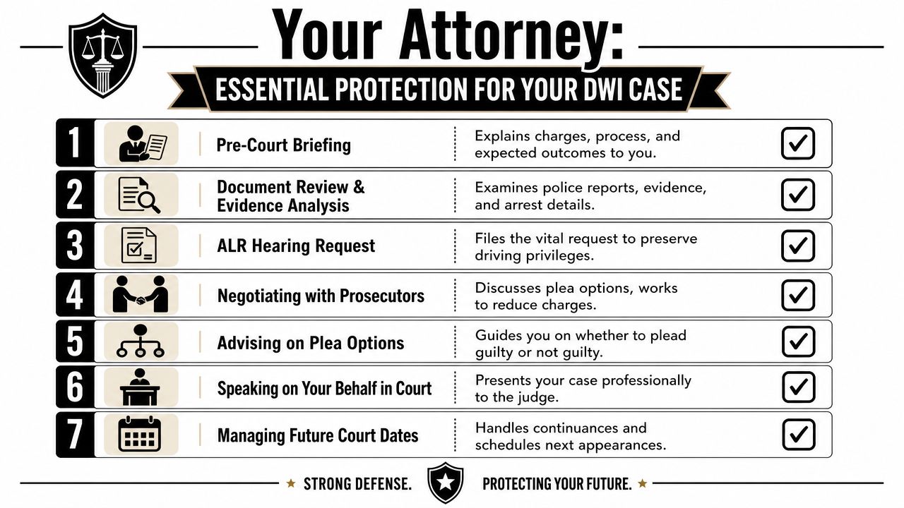 A checklist infographic outlining seven essential protection steps an attorney takes for a DWI legal case.