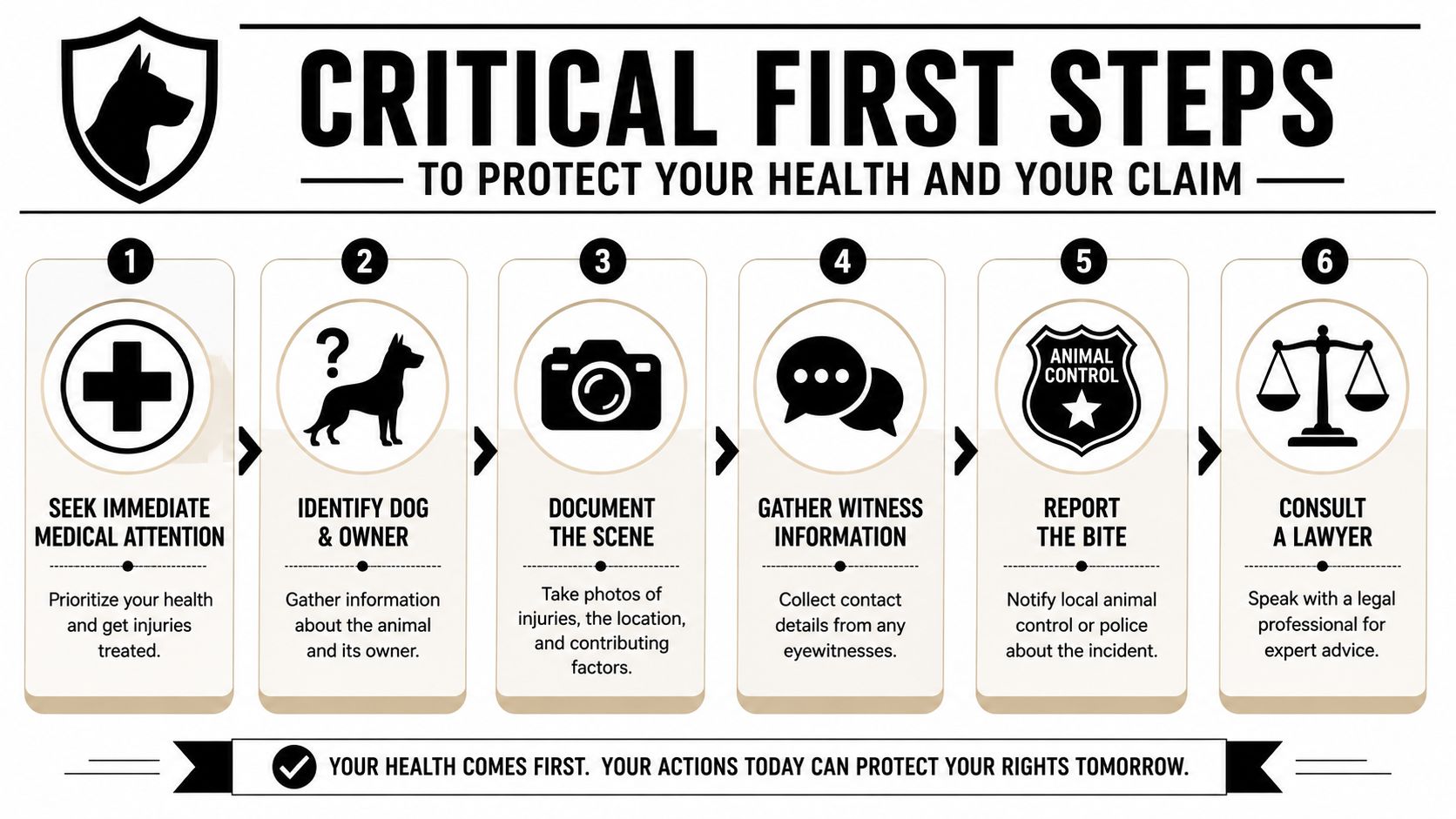 An infographic showing six critical first steps to take after a dog bite injury incident.