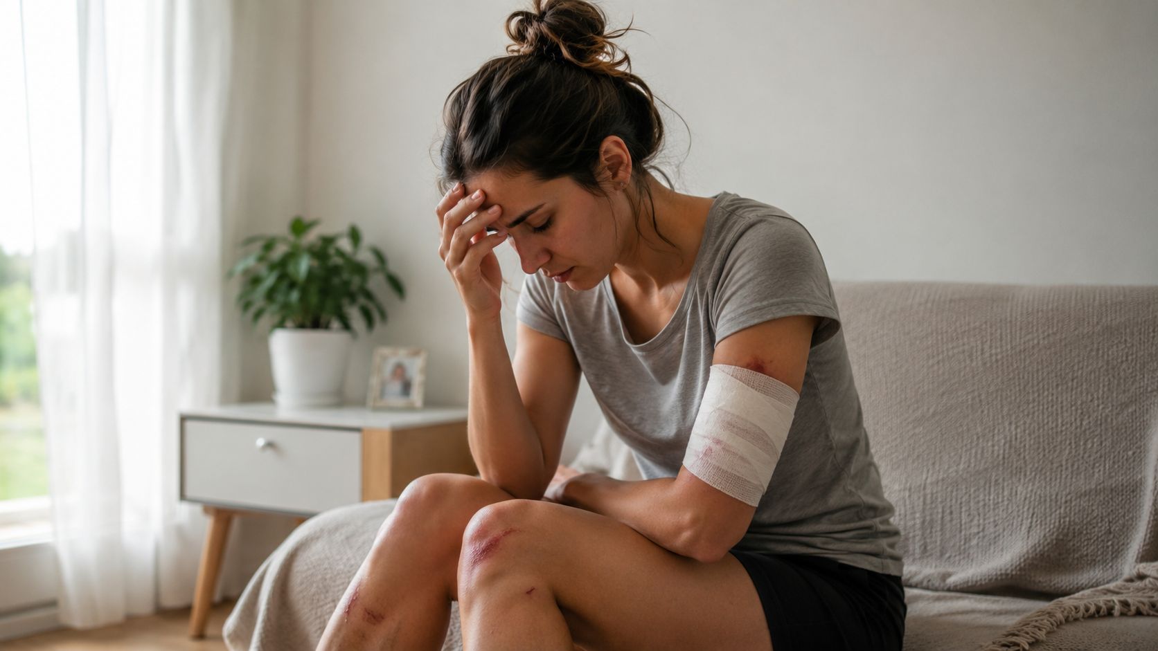 A woman sits on a couch looking distressed, showing injuries on her arm and knee.