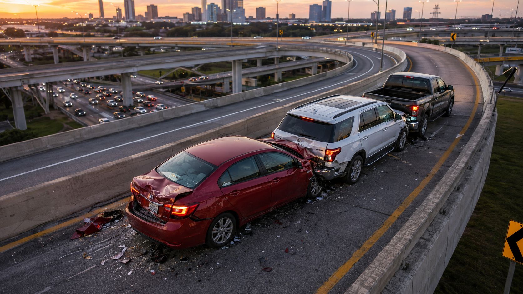 A red sedan crashed into a white SUV on an elevated highway overpass in Houston at sunset.