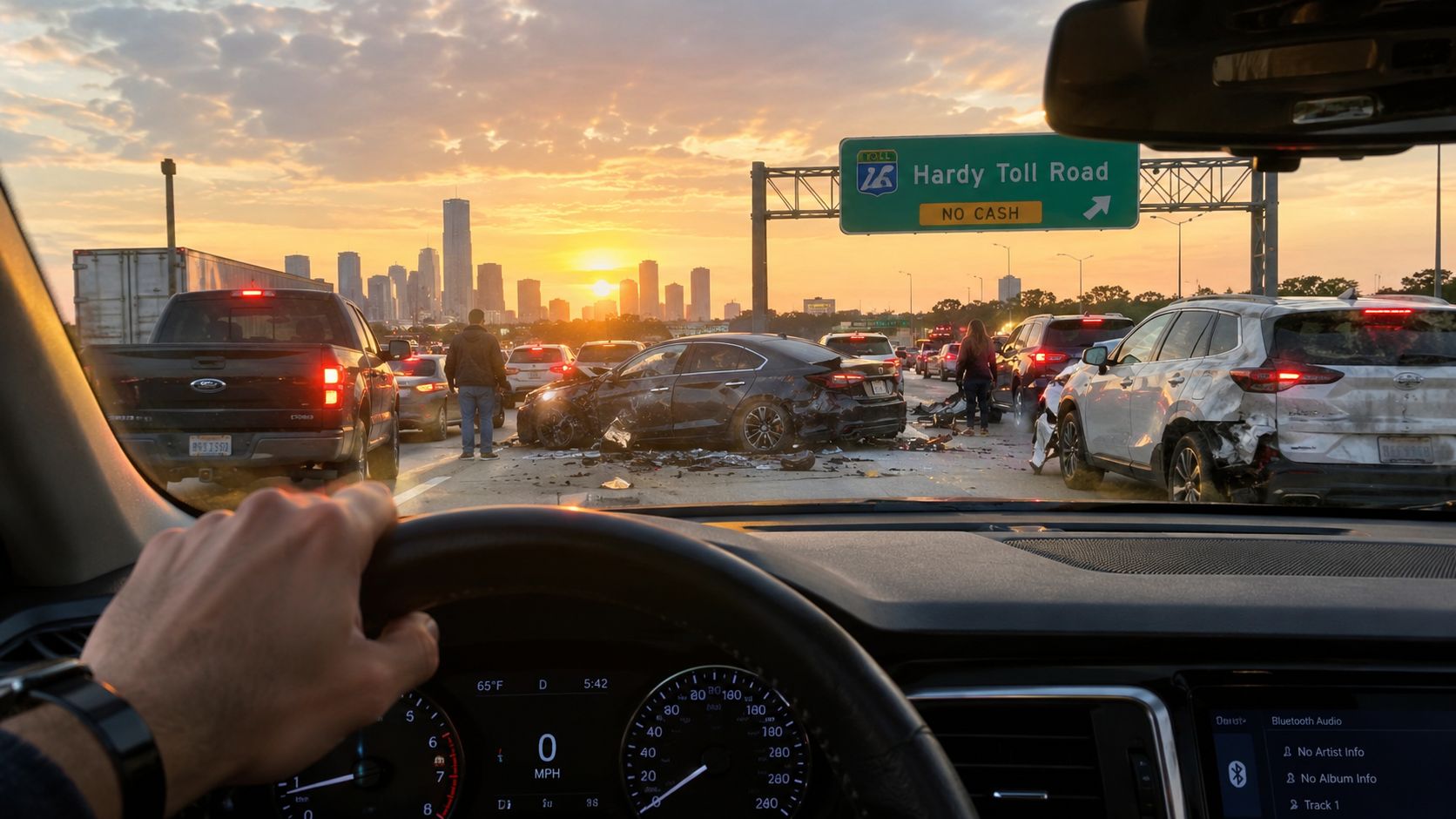 A car accident scene on a highway near a city skyline during a scenic sunset.