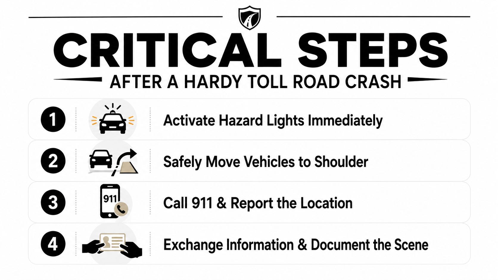 A safety infographic detailing four critical steps to take immediately following a Hardy Toll Road vehicle accident.