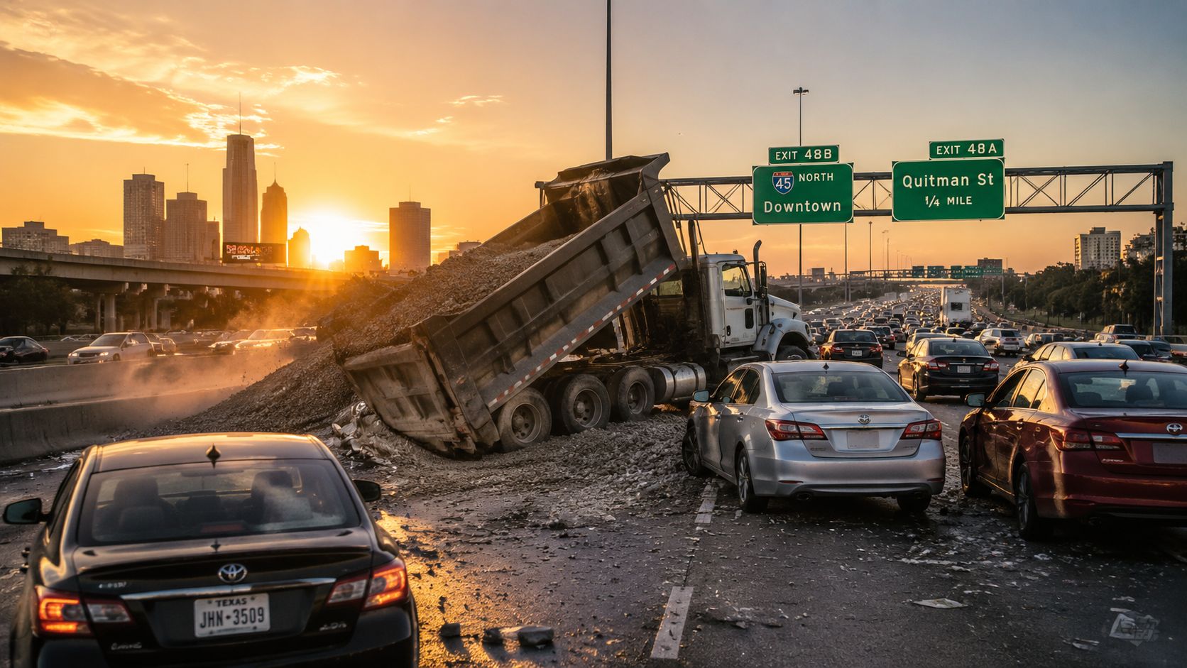 A dump truck overturned on a busy Houston highway spilling gravel amidst heavy traffic at sunset.