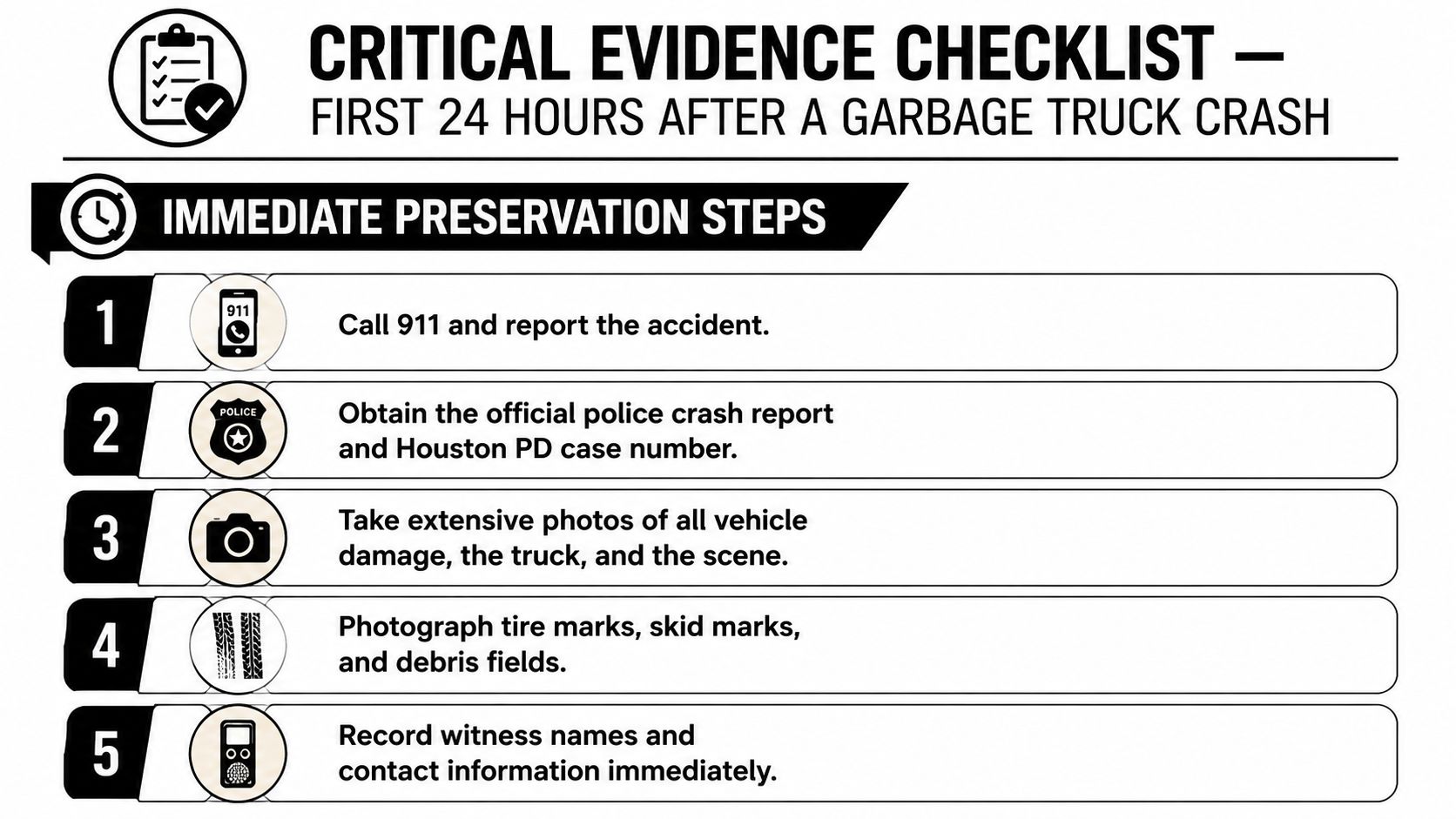 A checklist of critical steps to take immediately following a garbage truck accident in Houston.