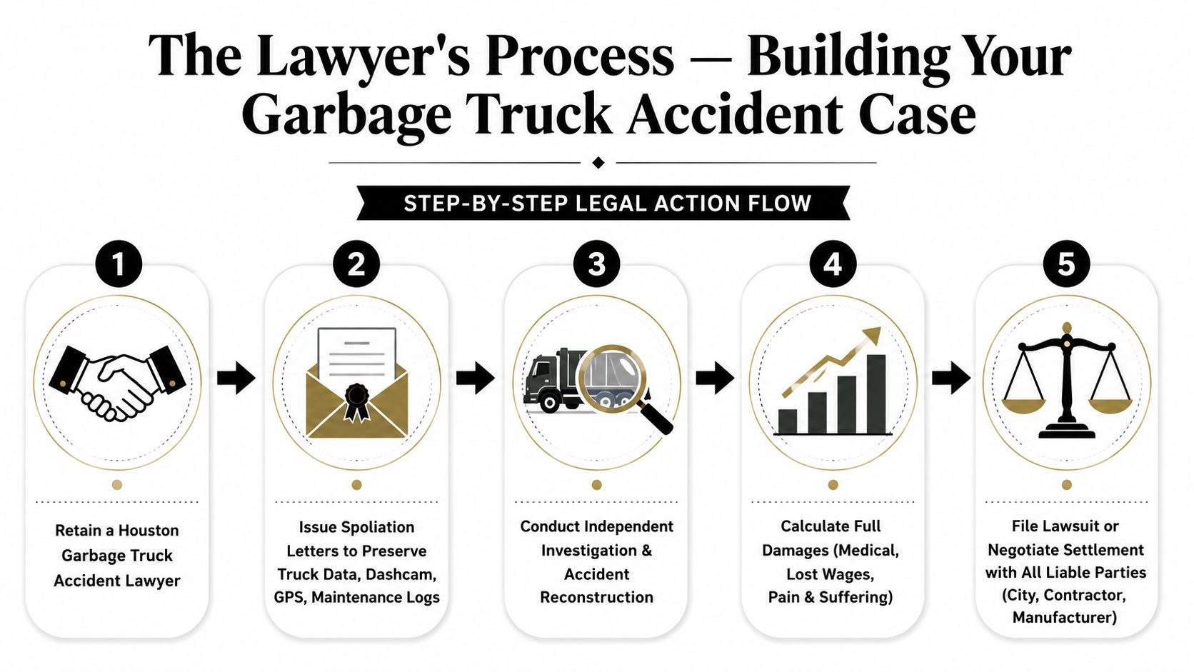 A five-step flowchart explaining the legal process for building a garbage truck accident case with an attorney.