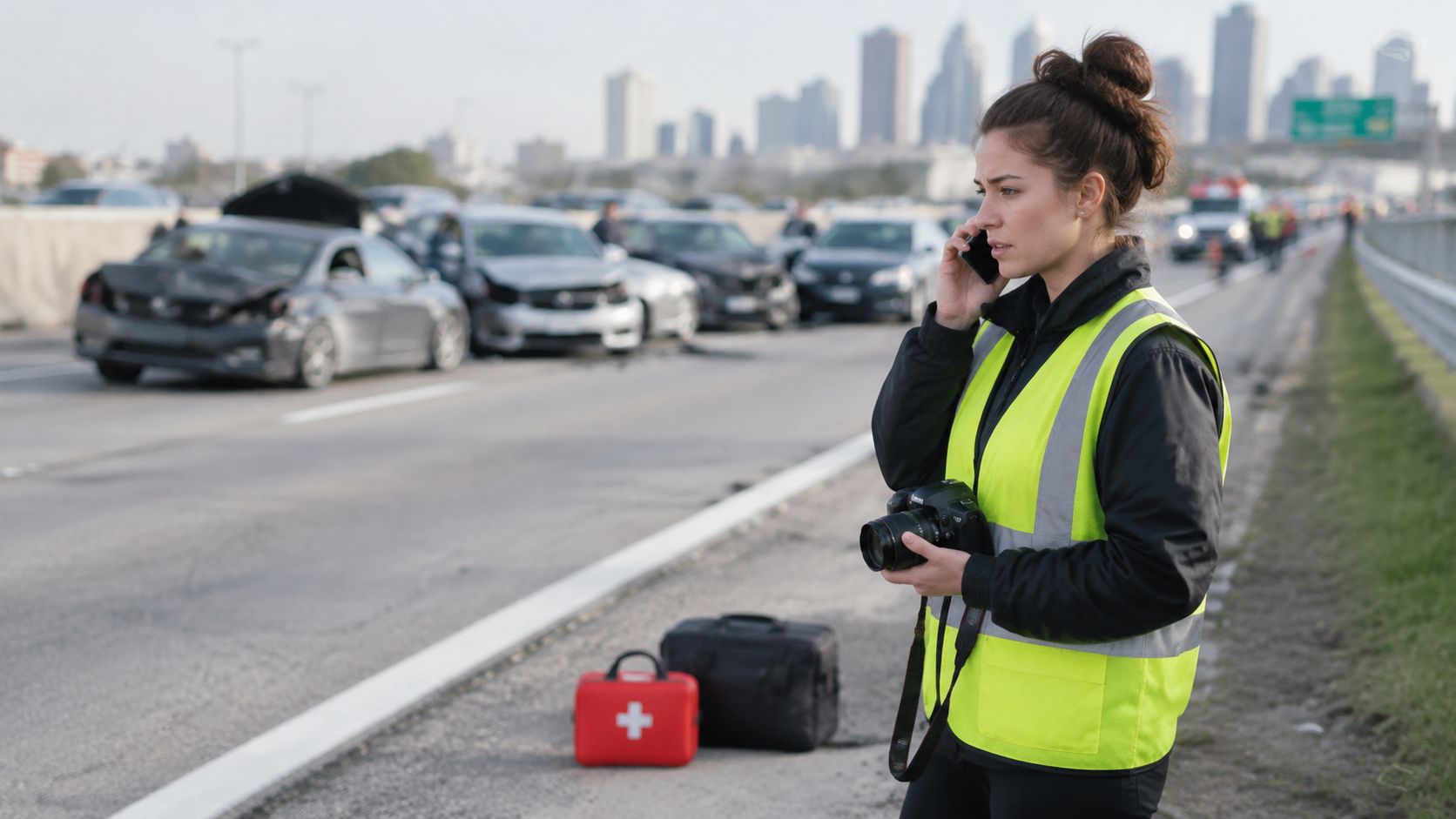 A female reporter in a yellow safety vest taking photos of a multi-vehicle car accident on highway.
