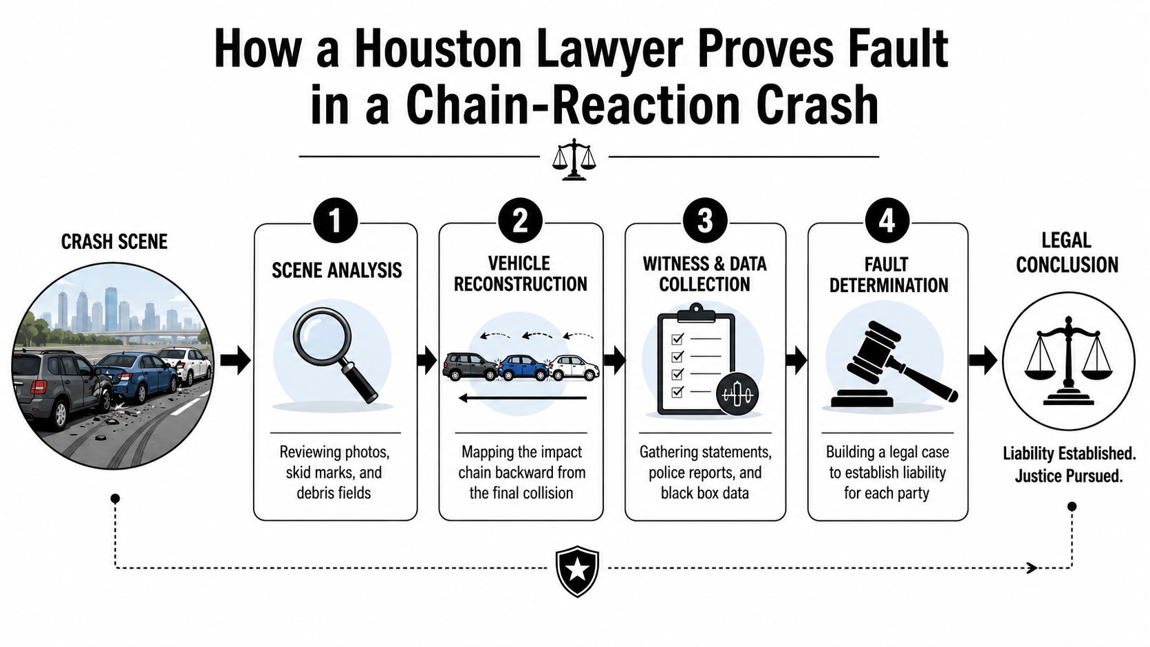 A diagram outlining the four-step legal process a Houston lawyer uses to determine fault in chain-reaction vehicle accidents.