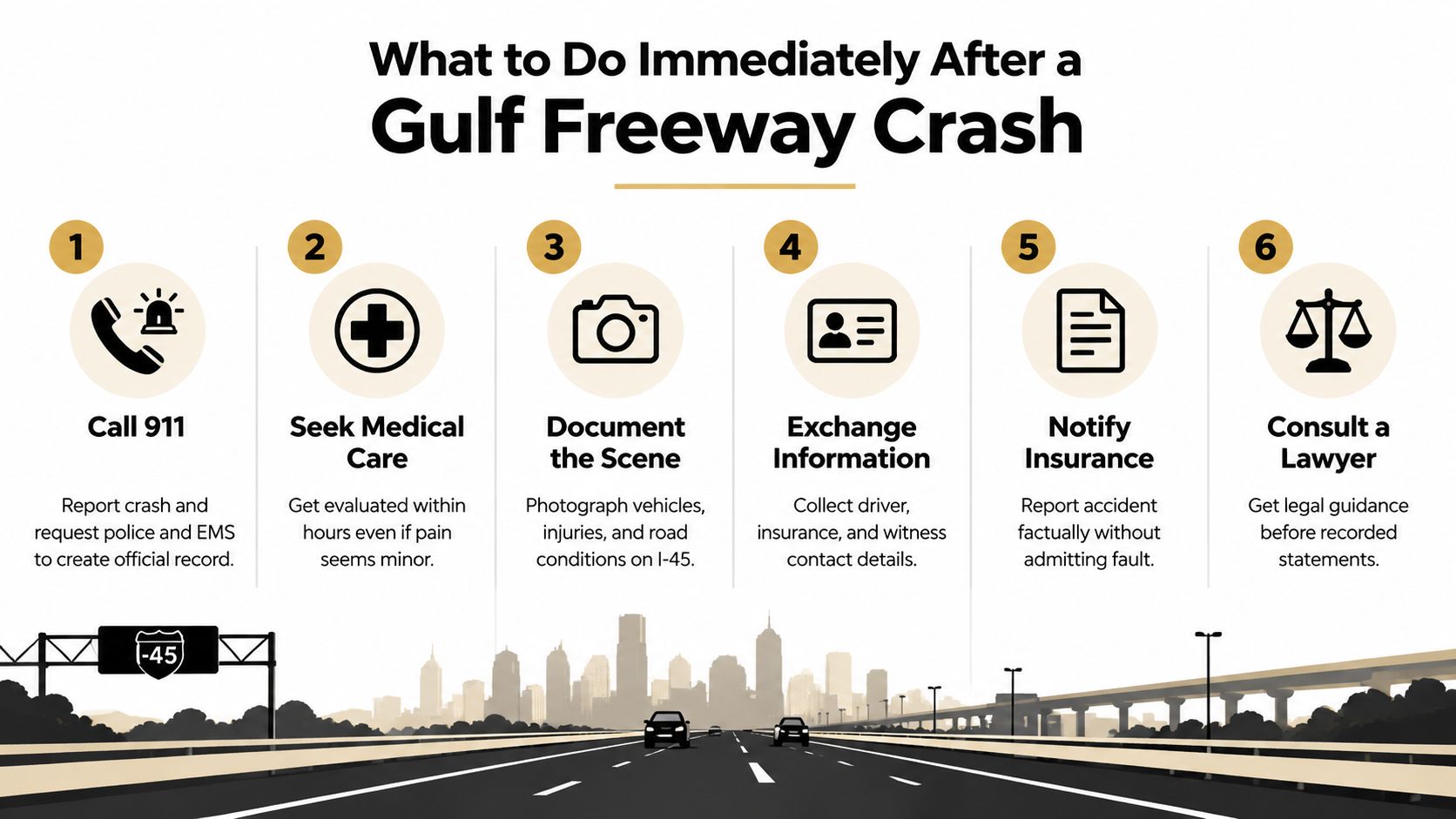 An infographic detailing six essential steps to take immediately following a vehicle crash on the Gulf Freeway.