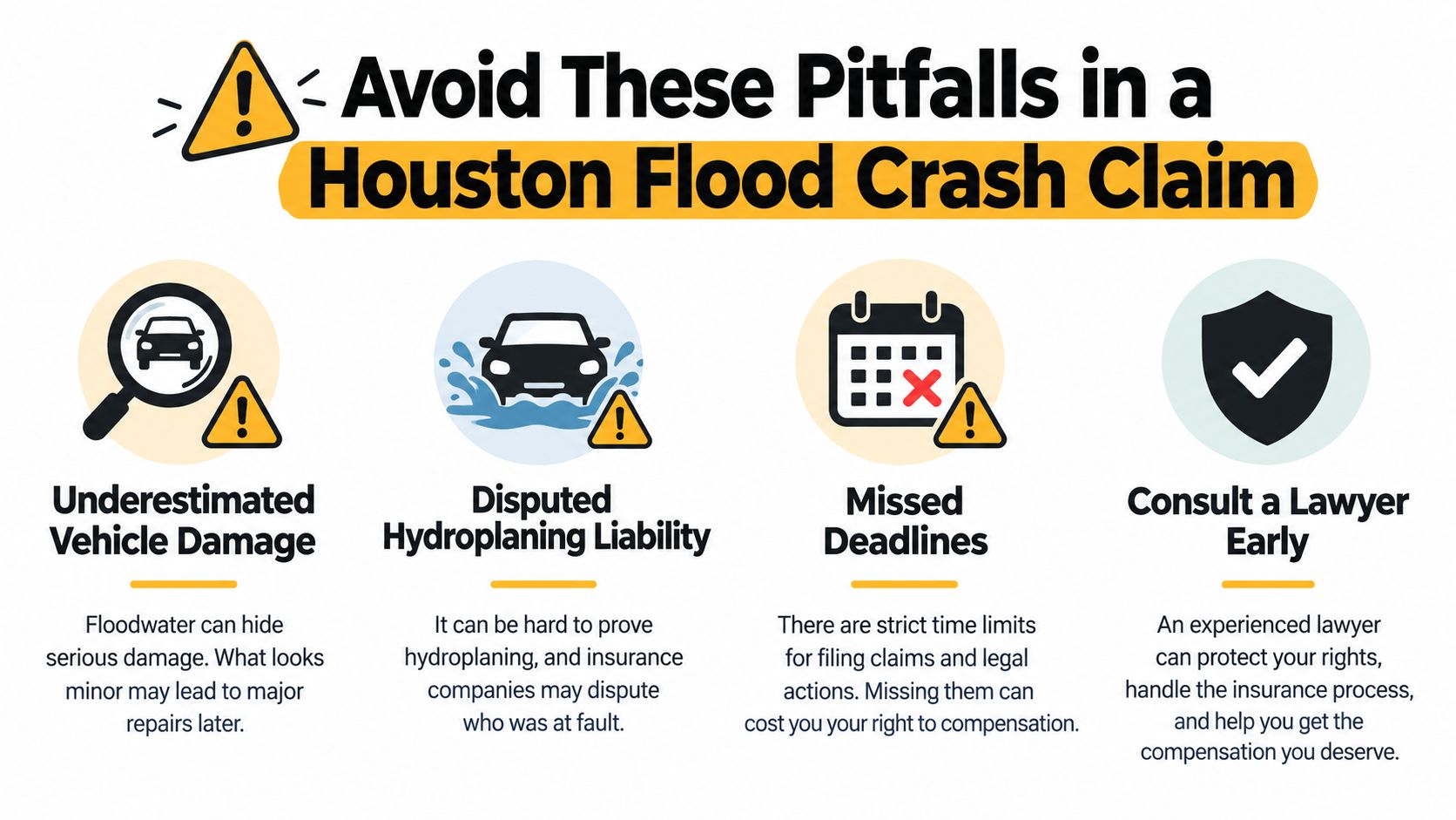 An infographic outlining four critical pitfalls to avoid when filing a Houston flood-related car accident insurance claim.