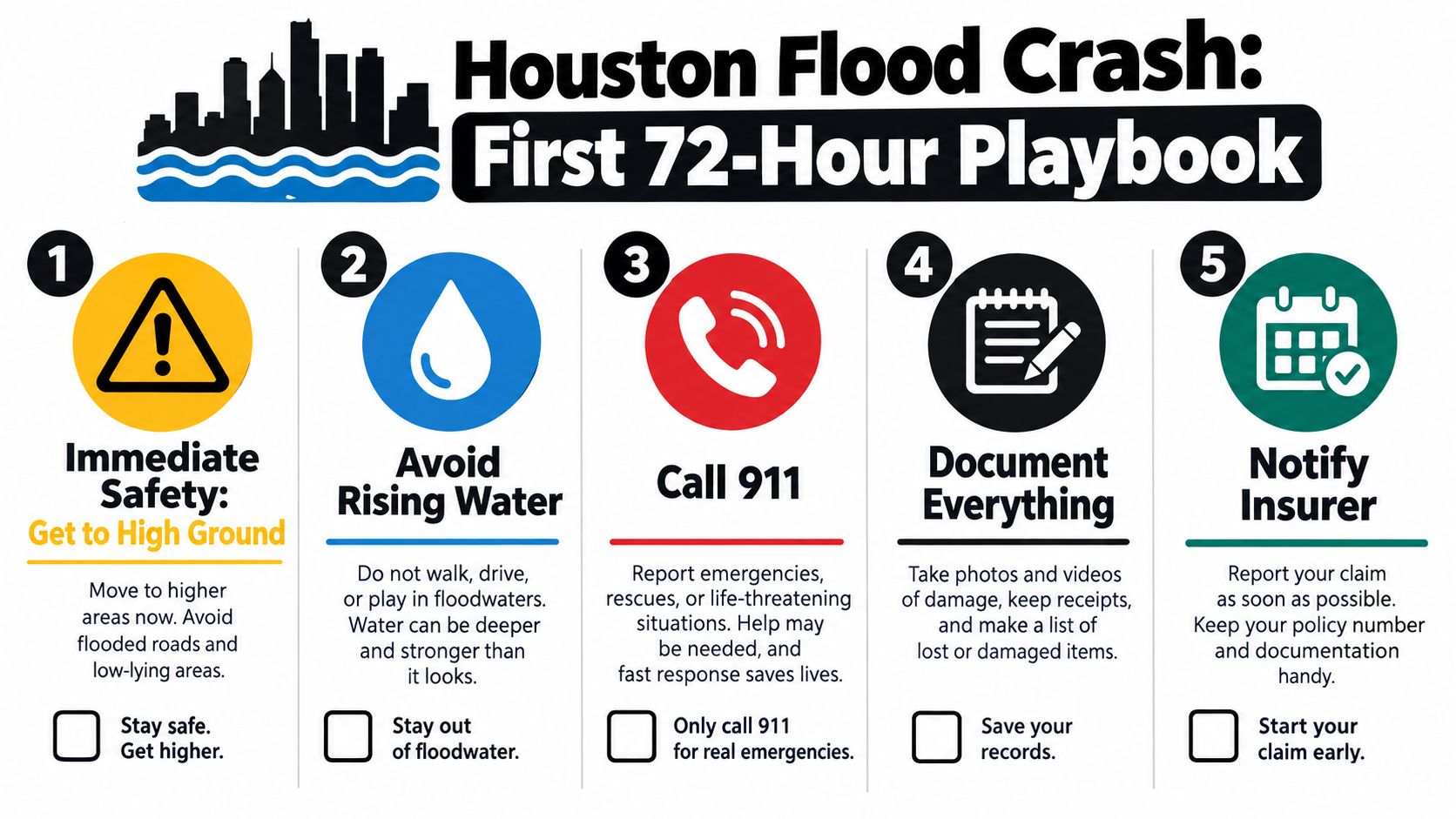 An infographic detailing a five-step safety playbook for Houston residents to follow during flood disasters.