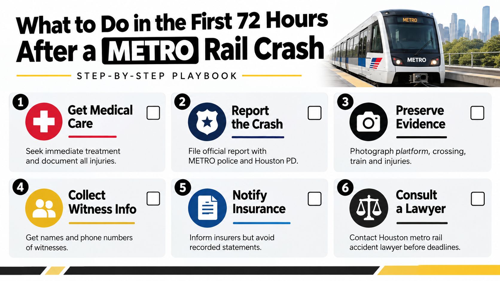 A six-step checklist infographic detailing what actions to take in the first 72 hours after a METRO rail accident.