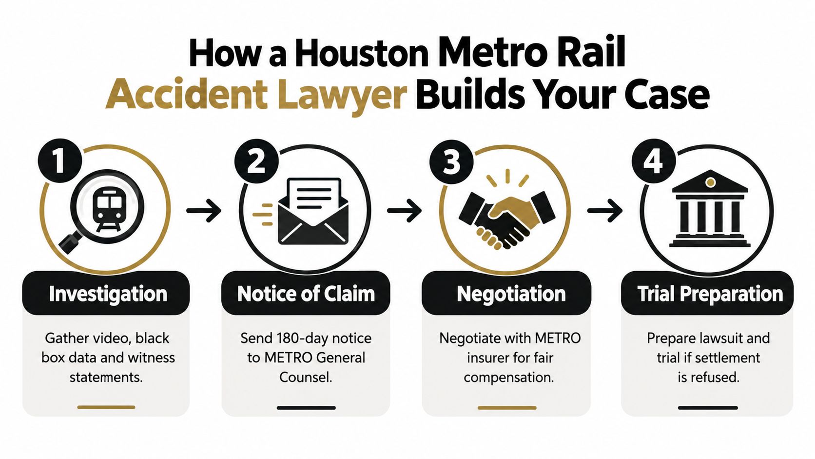 A four-step infographic illustrating how a Houston Metro Rail accident lawyer manages legal claims and cases.