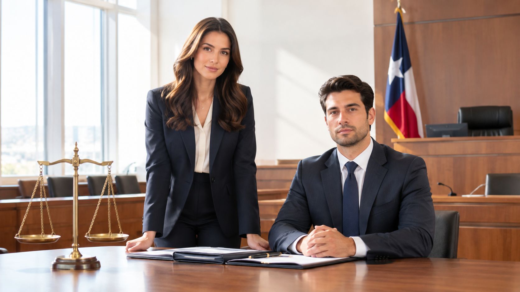 A professional male and female legal team standing together in a formal courtroom with a scale of justice.