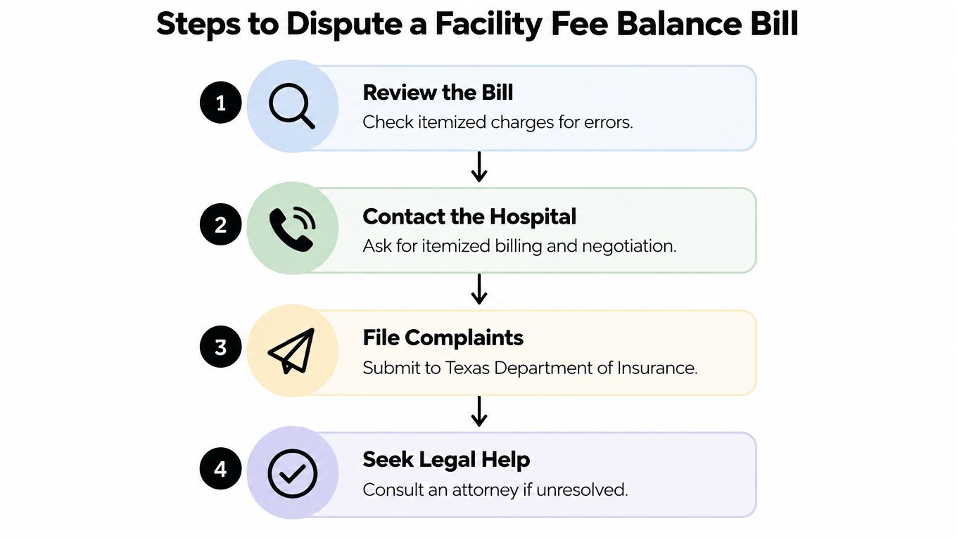 A four-step infographic illustrating the process for disputing a facility fee balance bill for medical expenses.