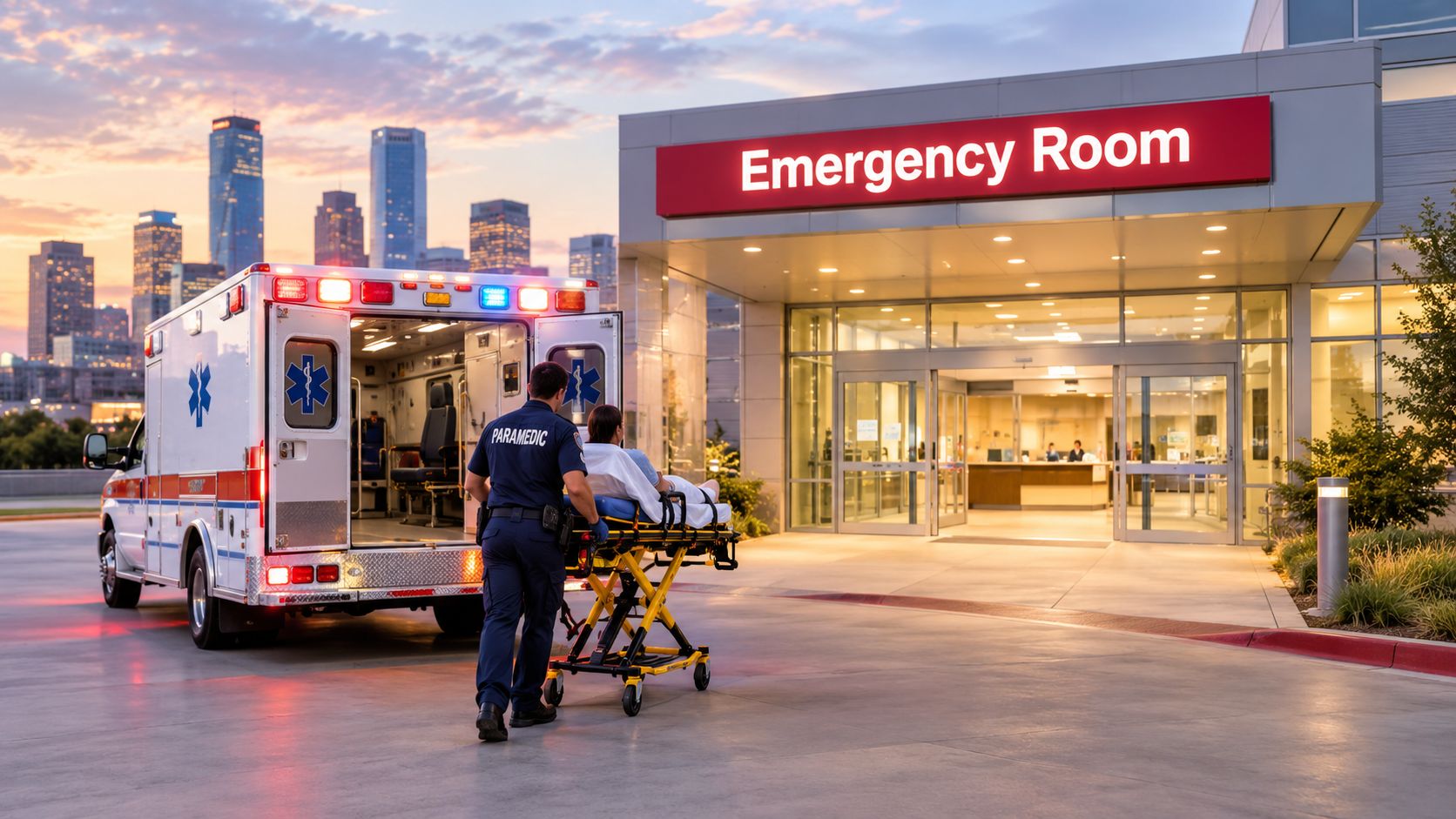 A paramedic pushes a patient on a stretcher toward the entrance of a hospital emergency room.