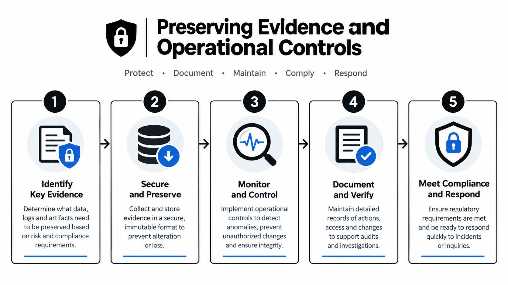 A diagram outlining a five-step process for preserving evidence and maintaining operational controls for data security.