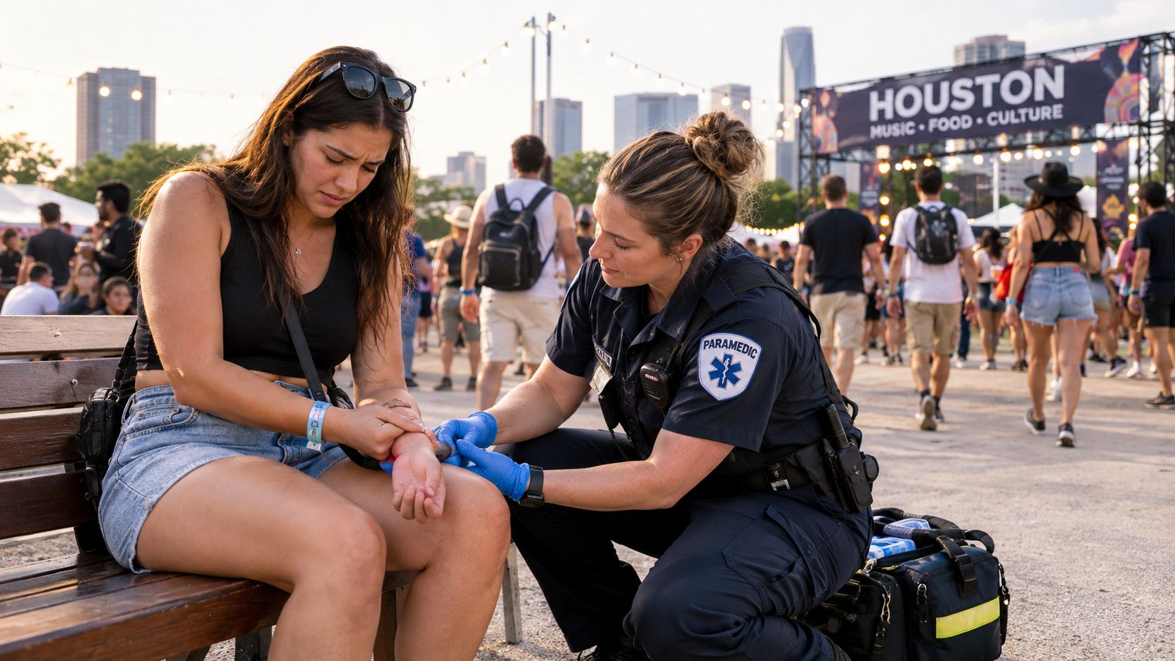 A female paramedic in uniform provides medical assistance to an injured woman at an outdoor Houston festival.