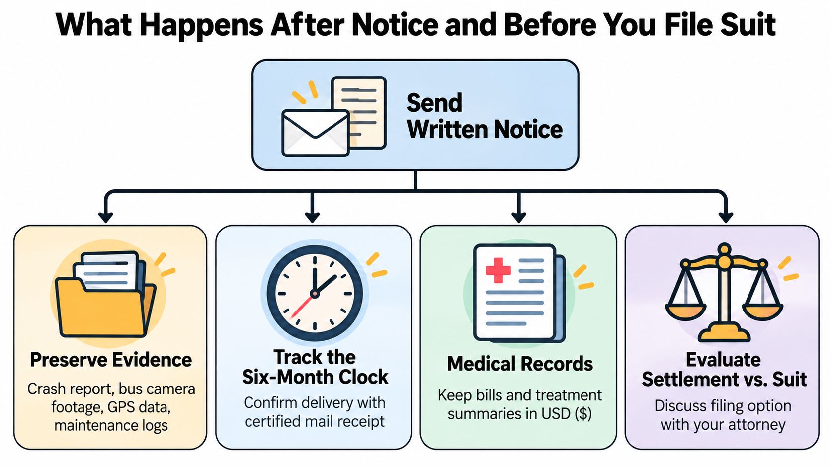An infographic detailing the essential steps to take after sending a notice and before filing a lawsuit.