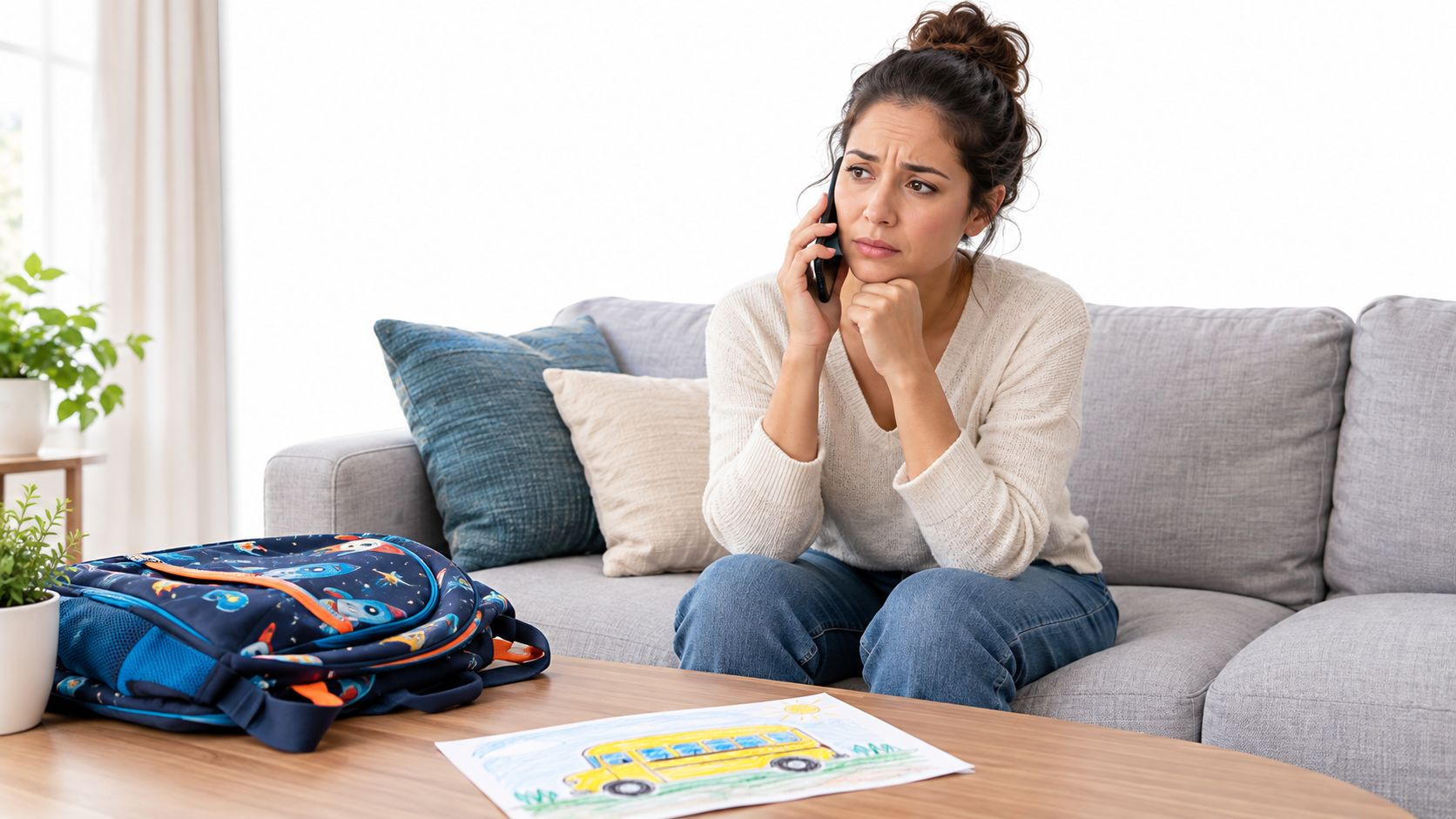 A concerned woman sits on a sofa, looking worried while talking on her phone near a child's drawing.