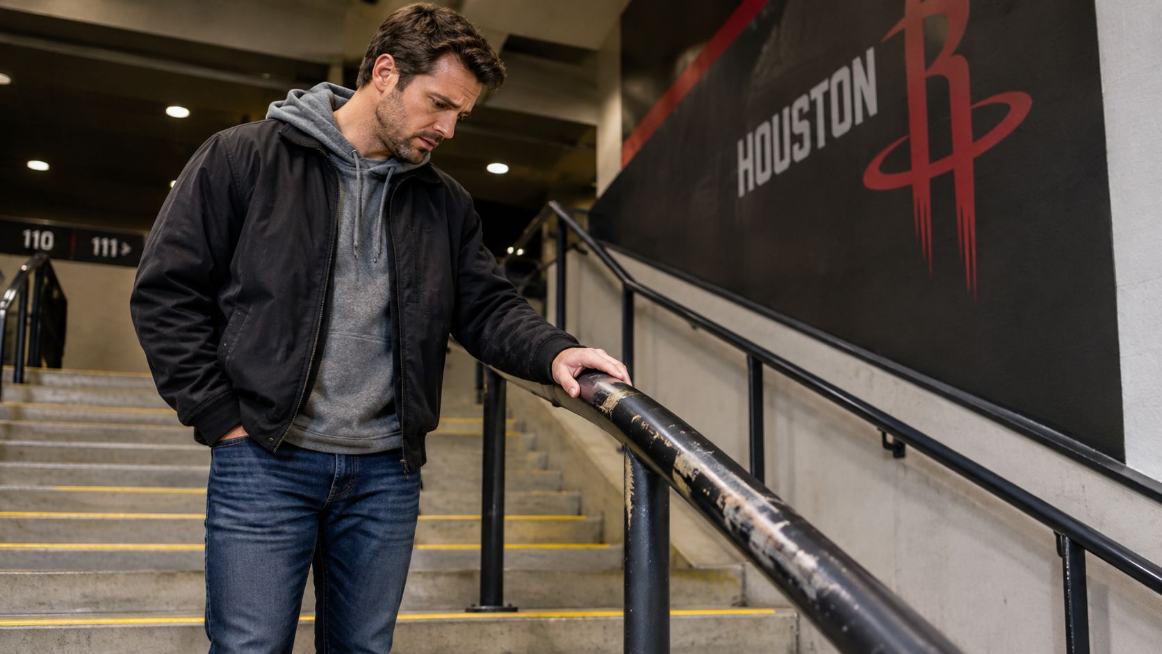 A man looking down while walking down a stadium staircase with his hand on a damaged railing.