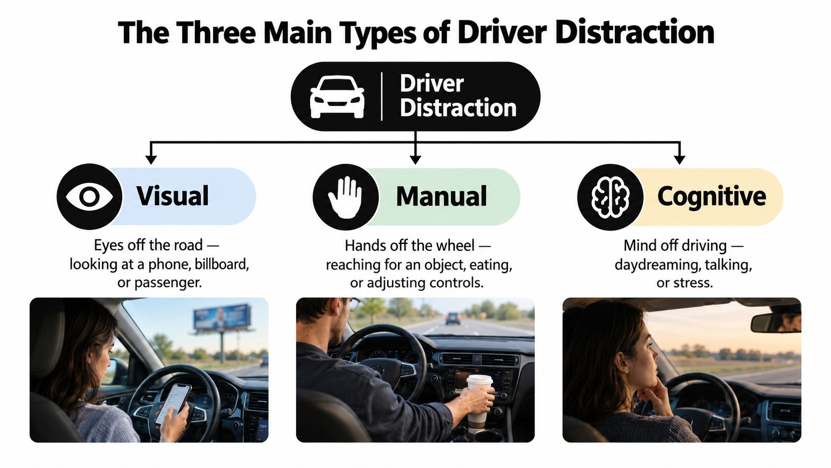 A diagram explaining the three main types of driver distraction: visual, manual, and cognitive, with examples for each.